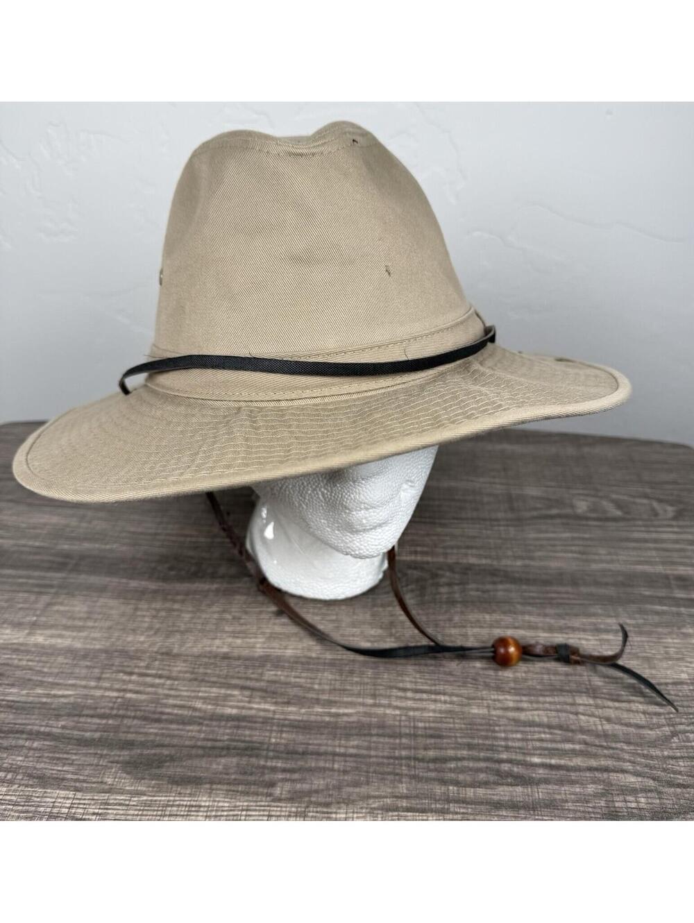 Vintage Jhats Safari Hat Khaki Size XL Leather Chin Strap Fishing Camping